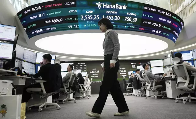 A currency trader passes by a screen showing the Korea Composite Stock Price Index (KOSPI), top center left, and the foreign exchange rate between U.S. dollar and South Korean won, top center, at the foreign exchange dealing room of the KEB Hana Bank headquarters in Seoul, South Korea, Tuesday, Feb. 11, 2025. (AP Photo/Ahn Young-joon)