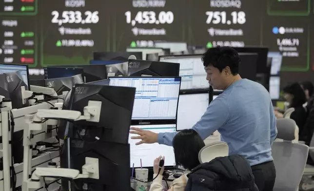 Currency traders watch monitors at the foreign exchange dealing room of the KEB Hana Bank headquarters in Seoul, South Korea, Tuesday, Feb. 11, 2025. (AP Photo/Ahn Young-joon)