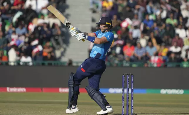 England's Joe Root bats during the ICC Champions Trophy cricket match between Australia and England, in Lahore, Pakistan, Saturday, Feb. 22, 2025. (AP Photo/K.M. Chaudary)