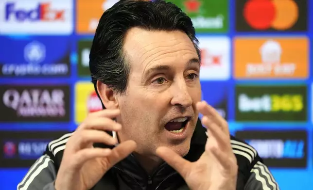 Aston Villa manager Unai Emery speaks during a press conference in Tamworth, England, Tuesday, Jan. 28, 2025, ahead of the Champions League soccer match between Aston Villa FC and Celtic FC. (Nick Potts/PA via AP)