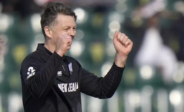 New Zealand's Michael Bracewell celebrates after taking the wicket of Bangladesh's Mahmudullah during the ICC Champions Trophy cricket match between Bangladesh and New Zealand, in Rawalpindi, Pakistan Monday, Feb. 24, 2025,. (AP Photo/Anjum Naveed)