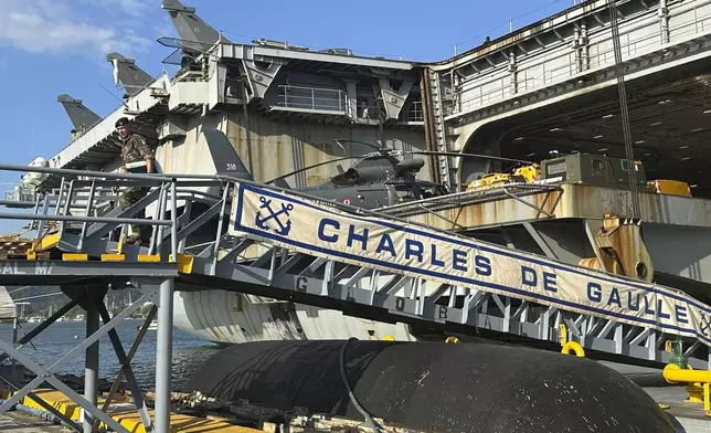 French aircraft carrier The Charles de Gaulle docks at Subic Bay, a former U.S. Naval base northwest of Manila, Philippines, Sunday, Feb. 23, 2025. (AP Photo/Joeal Calupitan)