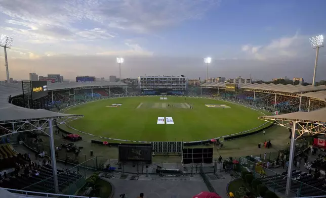 A view of newly renovated National Bank Stadium, where fans watch the tri-series ODI cricket final match between Pakistan and New Zealand, in Karachi, Pakistan, Friday, Feb. 14, 2025. (AP Photo/Fareed Khan)