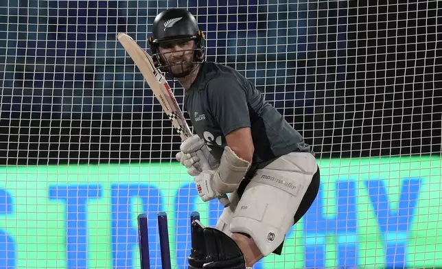 New Zealand's Kane Williamson attends a practice session for the ICC Champions Trophy, in Karachi, Pakistan Tuesday, Feb. 18, 2025. (AP Photo/Fareed Khan)