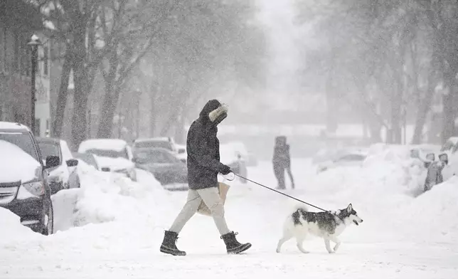A person walks a dog across a street during a snowstorm in Montreal, Sunday, Feb. 16, 2025. (Graham Hughes/The Canadian Press via AP)