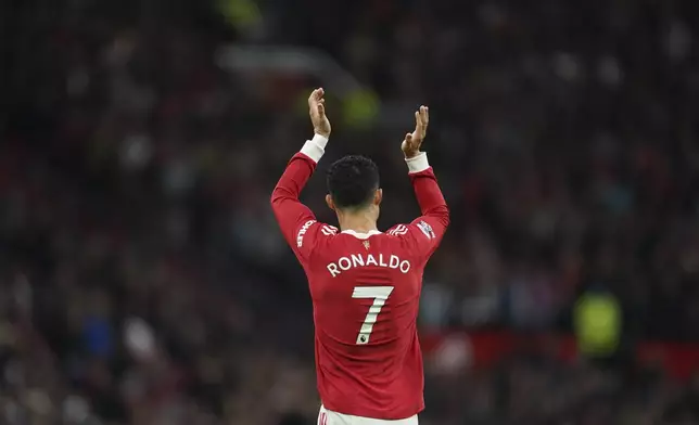 FILE - Manchester United's Cristiano Ronaldo gestures during the English Premier League soccer match between Manchester United and Manchester City at Old Trafford stadium in Manchester, England, Saturday, Nov. 6, 2021. (AP Photo/Jon Super, File)