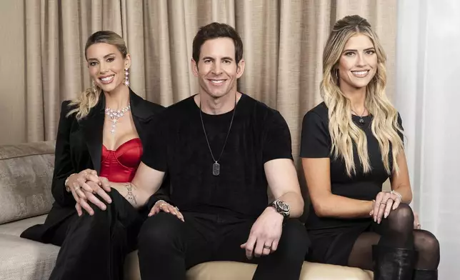 Heather El Moussa, from left, Tarek El Moussa and Christina Haack pose for a portrait to promote "The Flip Off" on Tuesday, Jan. 28, 2025, in Los Angeles. (Photo by Rebecca Cabage/Invision/AP)
