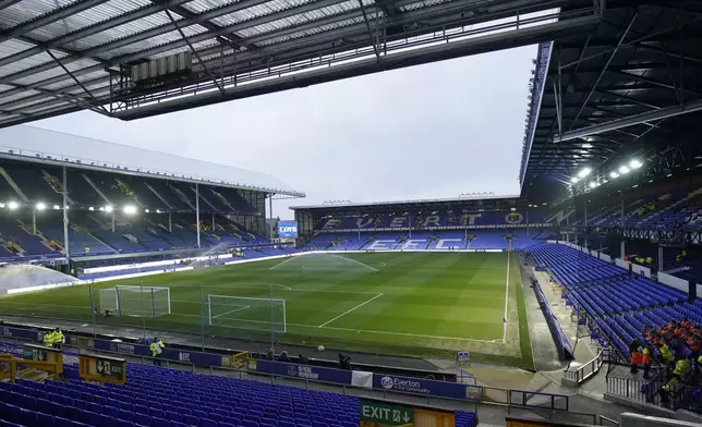 A general view of Goodison Park stadium ahead of the English Premier League soccer match between Everton and Liverpool, Liverpool, England, Wednesday, Feb.12, 2025. (AP Photo/Dave Thompson)