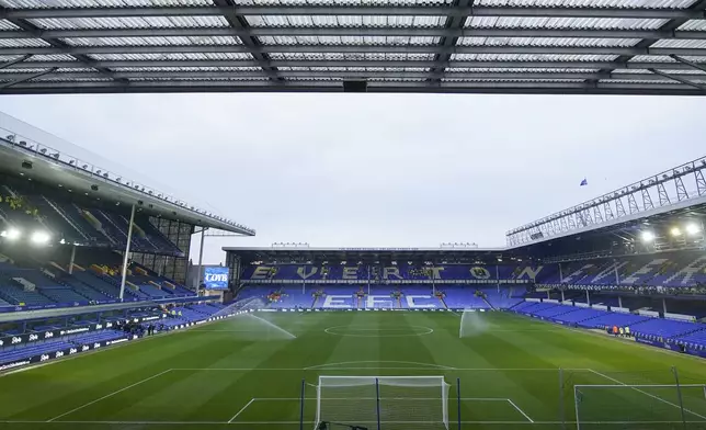 A general view of Goodison Park stadium ahead of the English Premier League soccer match between Everton and Liverpool, Liverpool, England, Wednesday, Feb.12, 2025. (AP Photo/Dave Thompson)