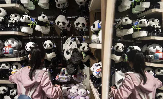 Souvenirs of the Hong Kong giant panda are displayed at a shop in Ocean Park as they make their debut appearance to public in Hong Kong, Sunday, Feb. 16, 2025. (AP Photo/Chan Long Hei)