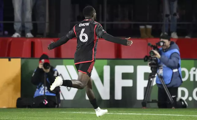 D.C. United midfielder Boris Enow (6) celebrates his goal during the first half of an MLS soccer match against Toronto FC, Saturday, Feb. 22, 2025, in Washington. (AP Photo/Nick Wass)