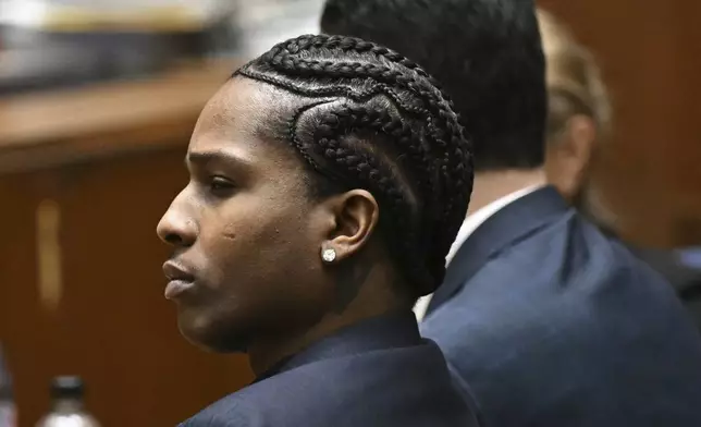 A$AP Rocky listens to closing arguments during his trial in Los Angeles, Friday, Feb. 14, 2024. (Patrick T. Fallon/ Pool Photo via AP)