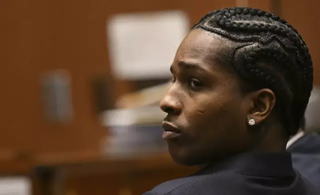 A$AP Rocky listens to closing arguments during his trial in Los Angeles, Friday, Feb. 14, 2025. (Patrick T. Fallon/Pool Photo via AP)