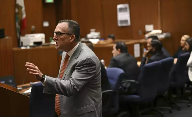 Deputy District Attorney John Lewin speaks during A$AP Rocky's trial in Los Angeles, Friday, Feb. 14, 2025. (Patrick T. Fallon/Pool Photo via AP)