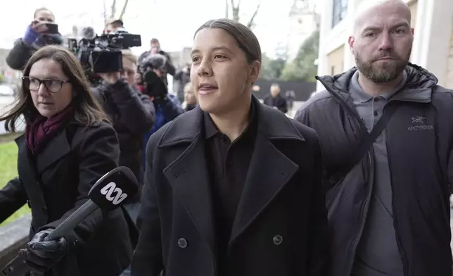 Chelsea and Australia striker Sam Kerr arrives at Kingston Crown Court where she is charged with alleged racially aggravated harassment of a police officer, in London, Monday, Feb. 3, 2025. (Jordan Pettitt/PA via AP)