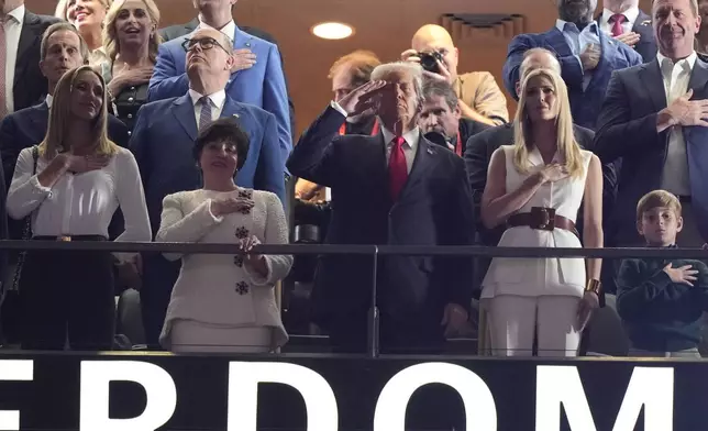 Lara Trump, from left, New Orleans Saints owner Gayle Benson, President Donald Trump, his daughter Ivanka Trump and Ivanka Trump's son Theodore watch from a suite prior to the NFL Super Bowl 59 football game between the Philadelphia Eagles and the Kansas City Chiefs, Sunday, Feb. 9, 2025, in New Orleans. (AP Photo/Brynn Anderson)