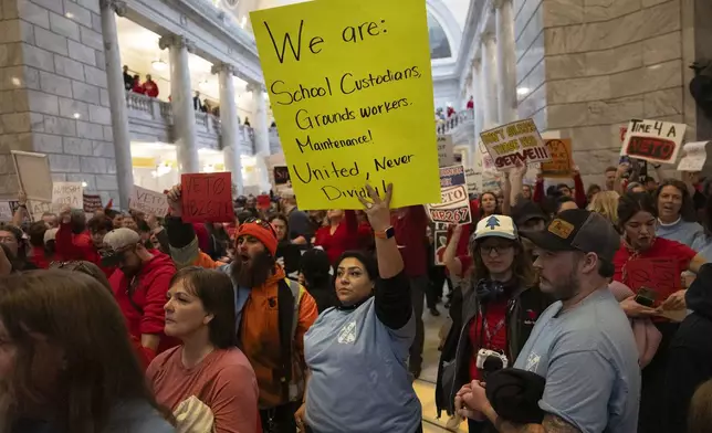 Union members attend a rally at the Capitol in Salt Lake City, Utah, on Friday, Feb. 7, 2025. (Laura Seitz/The Deseret News via AP)