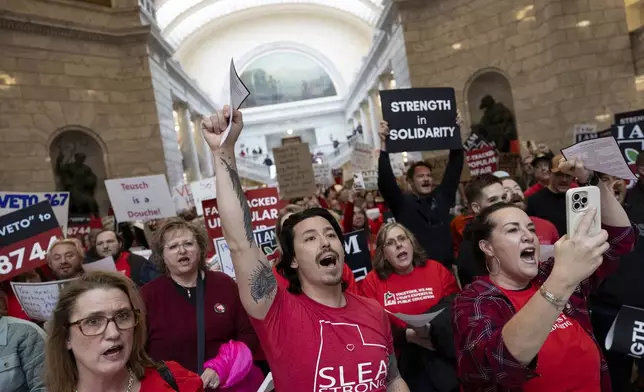 Union members attend a rally at the Capitol in Salt Lake City, Utah, on Friday, Feb. 7, 2025. (Laura Seitz/The Deseret News via AP)
