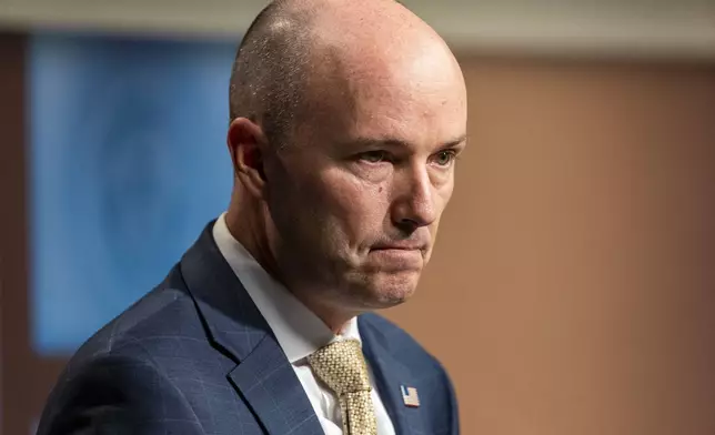 FILE - Utah Gov. Spencer Cox listens to a question at his monthly news conference in Salt Lake City, Thursday, Sept. 19, 2024. (Isaac Hale/The Deseret News via AP, Pool,File)