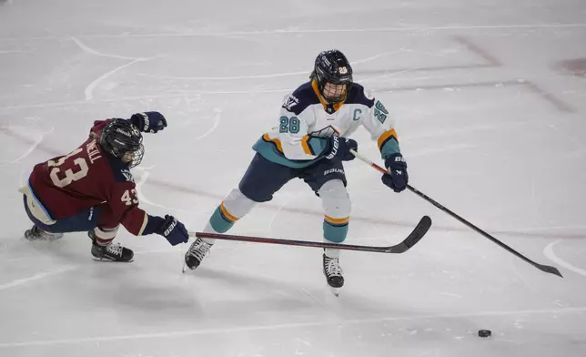 Montreal Victoire's Kristin O'Neill (43) defends against New York Sirens Micah Zandee-Hart (28) during the second period of a PWHL hockey game in Laval, Quebec, Saturday, Feb. 15, 2025. (Peter McCabe/The Canadian Press via AP)