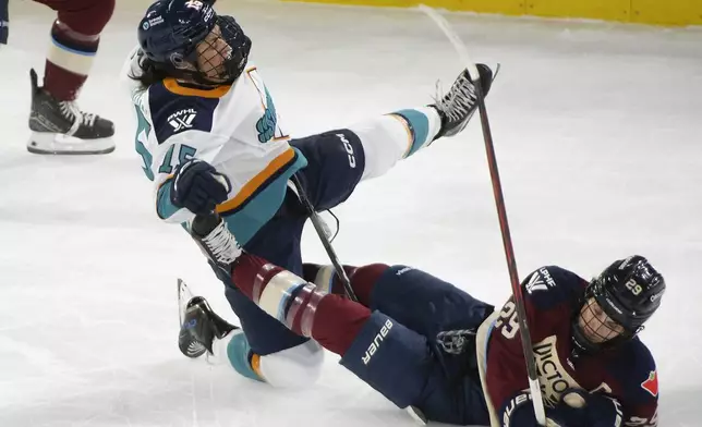 New York Sirens' Gabby Rosenthal (15) and Montreal Victoire's Marie-Philip Poulin (29) crash to the ice after colliding during the first period of a PWHL hockey game in Laval, Quebec, Saturday, Feb. 15, 2025. (Peter McCabe/The Canadian Press via AP)