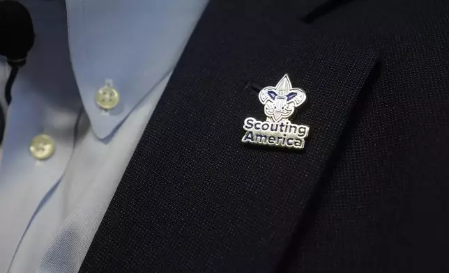 Roger Krone wears a Scouting America lapel pin during an interview in Irving, Texas, Wednesday, Feb. 5, 2025. (AP Photo/LM Otero)