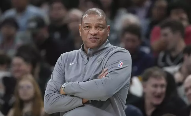Milwaukee Bucks head coach Doc Rivers looks on from the sideline during the first half of an NBA basketball game against the San Antonio Spurs in San Antonio, Friday, Jan. 31, 2025. (AP Photo/Eric Gay)