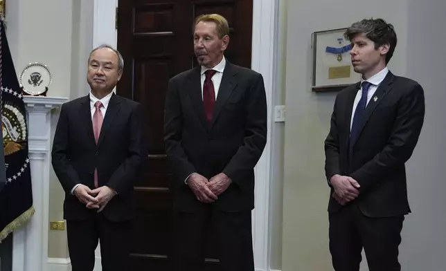 FILE - Masayoshi Son, SoftBank Group CEO, from left, Larry Ellison, chairman of Oracle Corporation and chief technology officer, and Sam Altman, OpenAI CEO listen to President Donald Trump in the Roosevelt Room at the White House, Tuesday, Jan. 21, 2025, in Washington. (AP Photo/Julia Demaree Nikhinson, File)