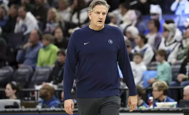 Minnesota Timberwolves head coach Chris Finch looks on during the second half of an NBA basketball game against the Washington Wizards, Saturday, Feb. 1, 2025, in Minneapolis. (AP Photo/Matt Krohn)