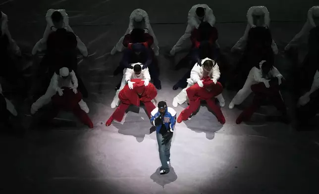 Kendrick Lamar performs during halftime of the NFL Super Bowl 59 football game between the Kansas City Chiefs and the Philadelphia Eagles, Sunday, Feb. 9, 2025, in New Orleans. (AP Photo/Godofredo A. Vásquez)