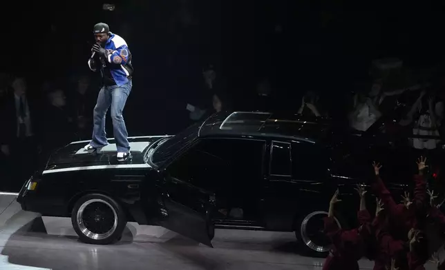 Kendrick Lamar performs during halftime of the NFL Super Bowl 59 football game between the Kansas City Chiefs and the Philadelphia Eagles, Sunday, Feb. 9, 2025, in New Orleans. (AP Photo/Charlie Riedel)