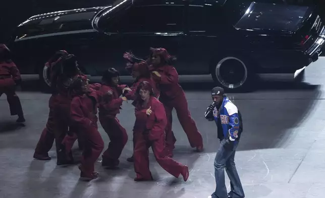 Kendrick Lamar performs during halftime of the NFL Super Bowl 59 football game between the Kansas City Chiefs and the Philadelphia Eagles, Sunday, Feb. 9, 2025, in New Orleans. (AP Photo/Charlie Riedel)