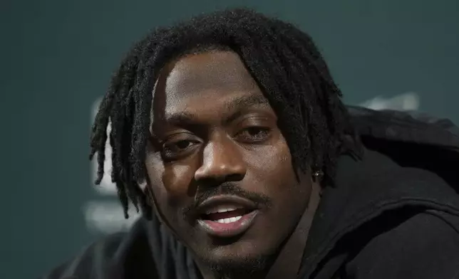 Philadelphia Eagles' A.J. Brown speaks during an NFL football news conference in Philadelphia, Thursday, Jan. 30, 2025, ahead of Super Bowl LIX against the Kansas City Chiefs. (AP Photo/Matt Rourke)
