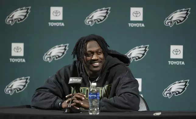 Philadelphia Eagles' A.J. Brown speaks during an NFL football news conference in Philadelphia, Thursday, Jan. 30, 2025, ahead of Super Bowl LIX against the Kansas City Chiefs. (AP Photo/Matt Rourke)