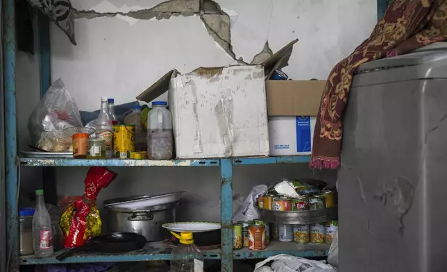 Aid boxes and packaged food are lined up on shelves in the Nassar family house in the Jabaliya refugee camp in the northern Gaza Strip, Sunday, Feb. 9, 2025. (AP Photo/Abdel Kareem Hana)