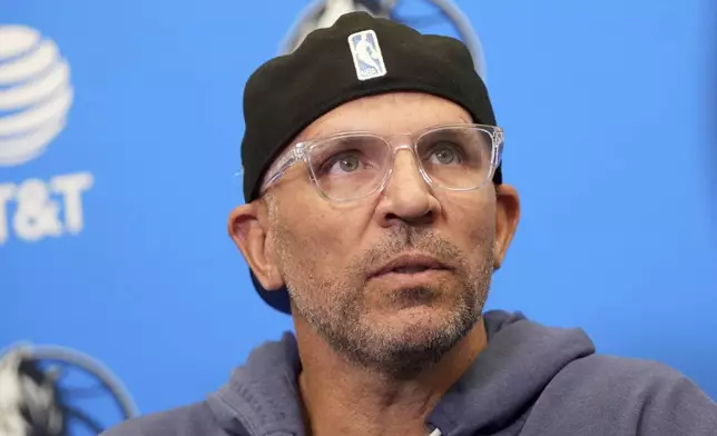 Dallas Mavericks head coach Jason Kidd responds to questions during a news conference after an NBA basketball practice at the team's training facility in Dallas, Thursday, Feb. 20, 2025. (AP Photo/Tony Gutierrez)