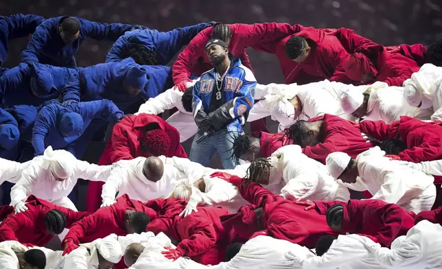 Kendrick Lamar performs during halftime of the NFL Super Bowl 59 football game between the Kansas City Chiefs and the Philadelphia Eagles, Sunday, Feb. 9, 2025, in New Orleans. (AP Photo/Matt Slocum)