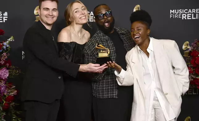Taylor Agan, from left, Kellie Gamble, Lloyd Nicks and Jess Russ pose in the press room with the award for best contemporary christian music performance/song during the 67th annual Grammy Awards on Sunday, Feb. 2, 2025, in Los Angeles. (Photo by Richard Shotwell/Invision/AP)
