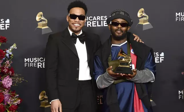 Anderson .Paak, left, and Knxwledge, winners of the best progressive R&amp;B album for "Why Lawd?", pose in the press room during the 67th annual Grammy Awards on Sunday, Feb. 2, 2025, in Los Angeles. (Photo by Richard Shotwell/Invision/AP)