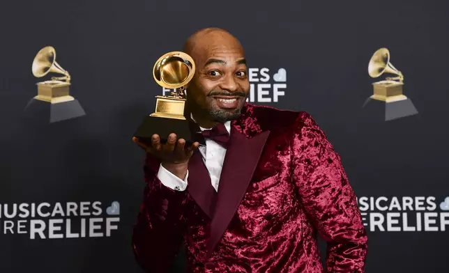 Brandon Victor Dixon poses in the press room with the award for best musical theater album during the 67th annual Grammy Awards on Sunday, Feb. 2, 2025, in Los Angeles. (Photo by Richard Shotwell/Invision/AP)
