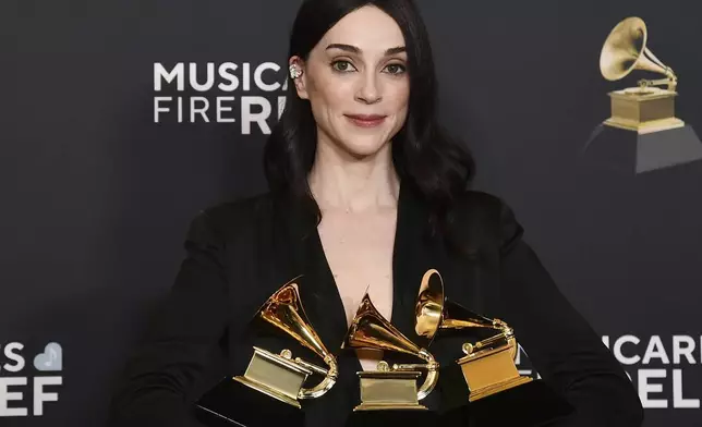 St. Vincent, winner of best rock song, best alternative music performance and best alternative music album for "All Born Screaming", poses in the press room during the 67th annual Grammy Awards on Sunday, Feb. 2, 2025, in Los Angeles. (Photo by Richard Shotwell/Invision/AP)