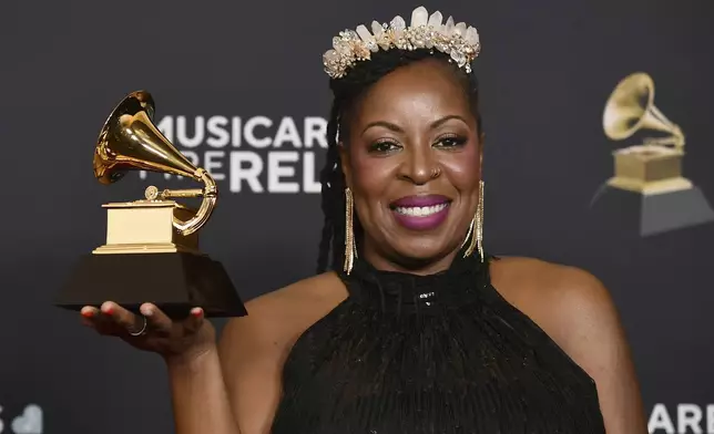 Johnaye Kendrick poses in the press room with the award for best arrangement, instruments and vocals for "Alma" during the 67th annual Grammy Awards on Sunday, Feb. 2, 2025, in Los Angeles. (Photo by Richard Shotwell/Invision/AP)