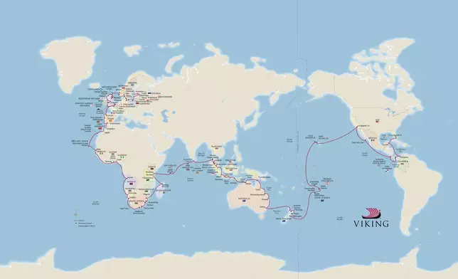 Viking today announced its new 2026-2027 World Cruise itineraries, including the Viking World Voyage III, which will journey around the world in 170 days, visiting 41 countries with 82 guided tours and overnight stays in 18 cities. Pictured here, a map of the route and ports of call planned for the new Viking World Voyage III itinerary. For more information, visit www.viking.com. (Photo: Business Wire)