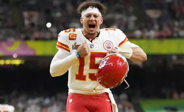 Kansas City Chiefs quarterback Patrick Mahomes yells prior to the NFL Super Bowl 59 football game against the Philadelphia Eagles, Sunday, Feb. 9, 2025, in New Orleans. (AP Photo/Ashley Landis)