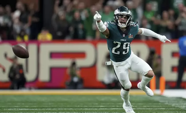 Philadelphia Eagles defensive back Avonte Maddox (29) reacts after forcing an incomplete pass during the second half of the NFL Super Bowl 59 football game against the Kansas City Chiefs, Sunday, Feb. 9, 2025, in New Orleans. (AP Photo/Abbie Parr)