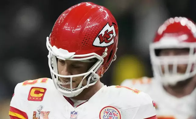 Kansas City Chiefs quarterback Patrick Mahomes (15) walks to the sidelines during the second half of the NFL Super Bowl 59 football game against the Philadelphia Eagles, Sunday, Feb. 9, 2025, in New Orleans. (AP Photo/Brynn Anderson)