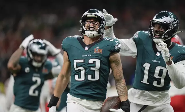 Philadelphia Eagles linebacker Zack Baun (53) celebrates after intercepting a pass during the first half of the NFL Super Bowl 59 football game against the Kansas City Chiefs, Sunday, Feb. 9, 2025, in New Orleans. (AP Photo/Matt Slocum)