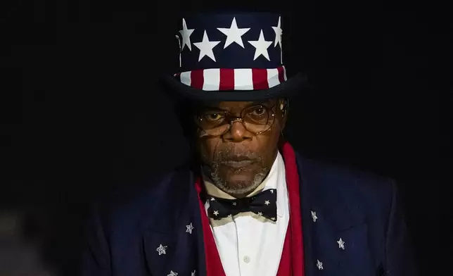 Samuel L. Jackson watches during halftime of the NFL Super Bowl 59 football game between the Kansas City Chiefs and the Philadelphia Eagles, Sunday, Feb. 9, 2025, in New Orleans. (AP Photo/Ashley Landis)