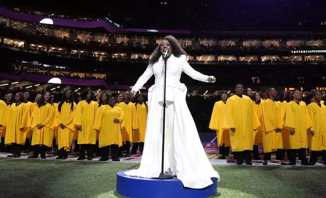 Ledisi performs "Lift Every Voice and Sing" prior to the NFL Super Bowl 59 football game between the Philadelphia Eagles and the Kansas City Chiefs, Sunday, Feb. 9, 2025, in New Orleans. (AP Photo/Brynn Anderson)