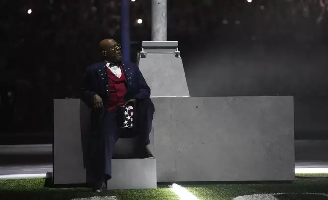 Samuel L. Jackson watches during halftime of the NFL Super Bowl 59 football game between the Kansas City Chiefs and the Philadelphia Eagles, Sunday, Feb. 9, 2025, in New Orleans. (AP Photo/Ashley Landis)